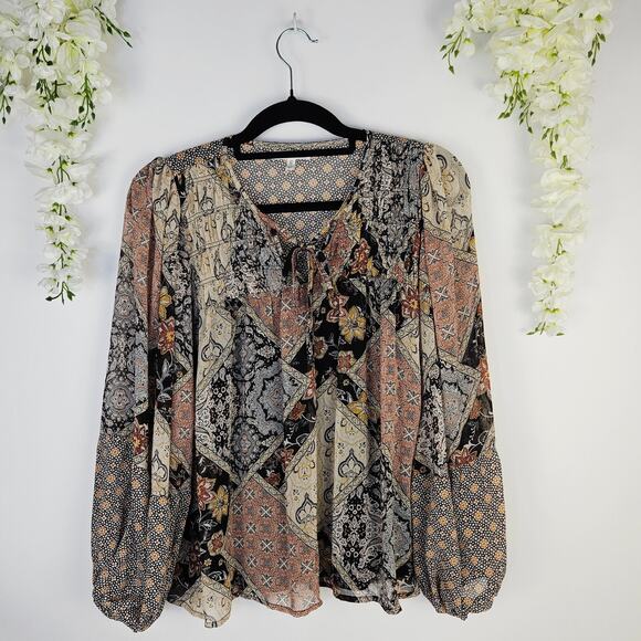 Maurices Medium Boho Patchwork Blouse Bubble Sleeves Lined Peasant Top Cottage - Picture 2 of 14